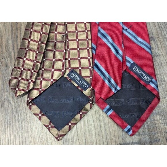 Lands' End Lot Of 2 Luxury 100% Silk Neck Ties Red/Blue Striped & Gold/Maroon - Picture 3 of 7